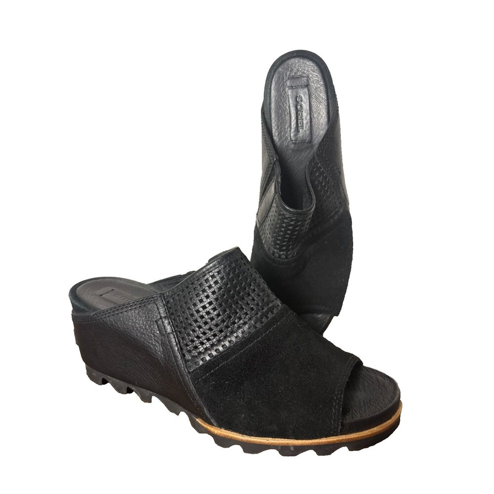 Sorel Black Suede Leather Wedge Mule Sandals Chunky Slide Women s Size 10